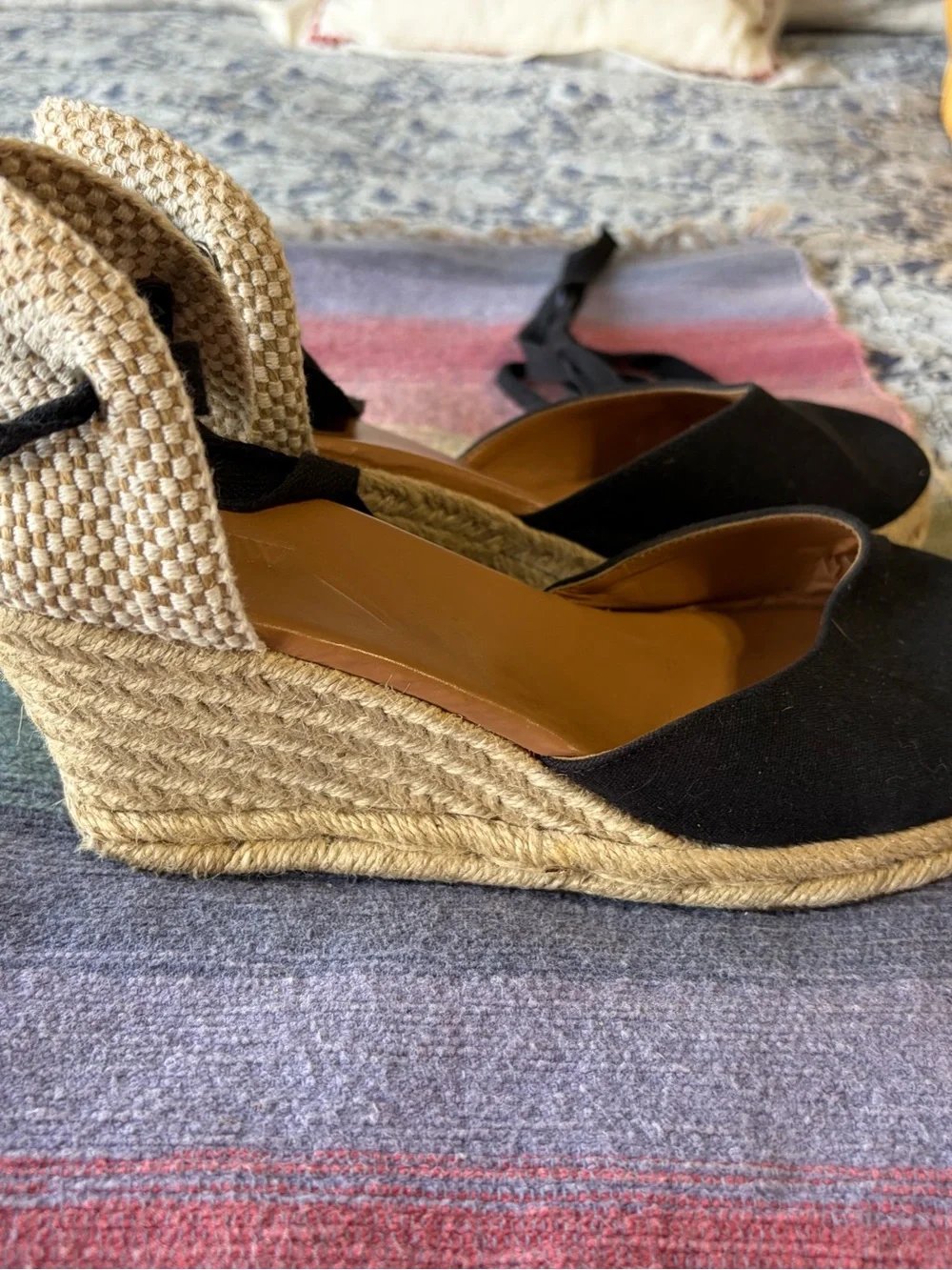 J Crew Women's Black Espadrille Wedge Sandals with Ankle Tie size 8.5 EUC